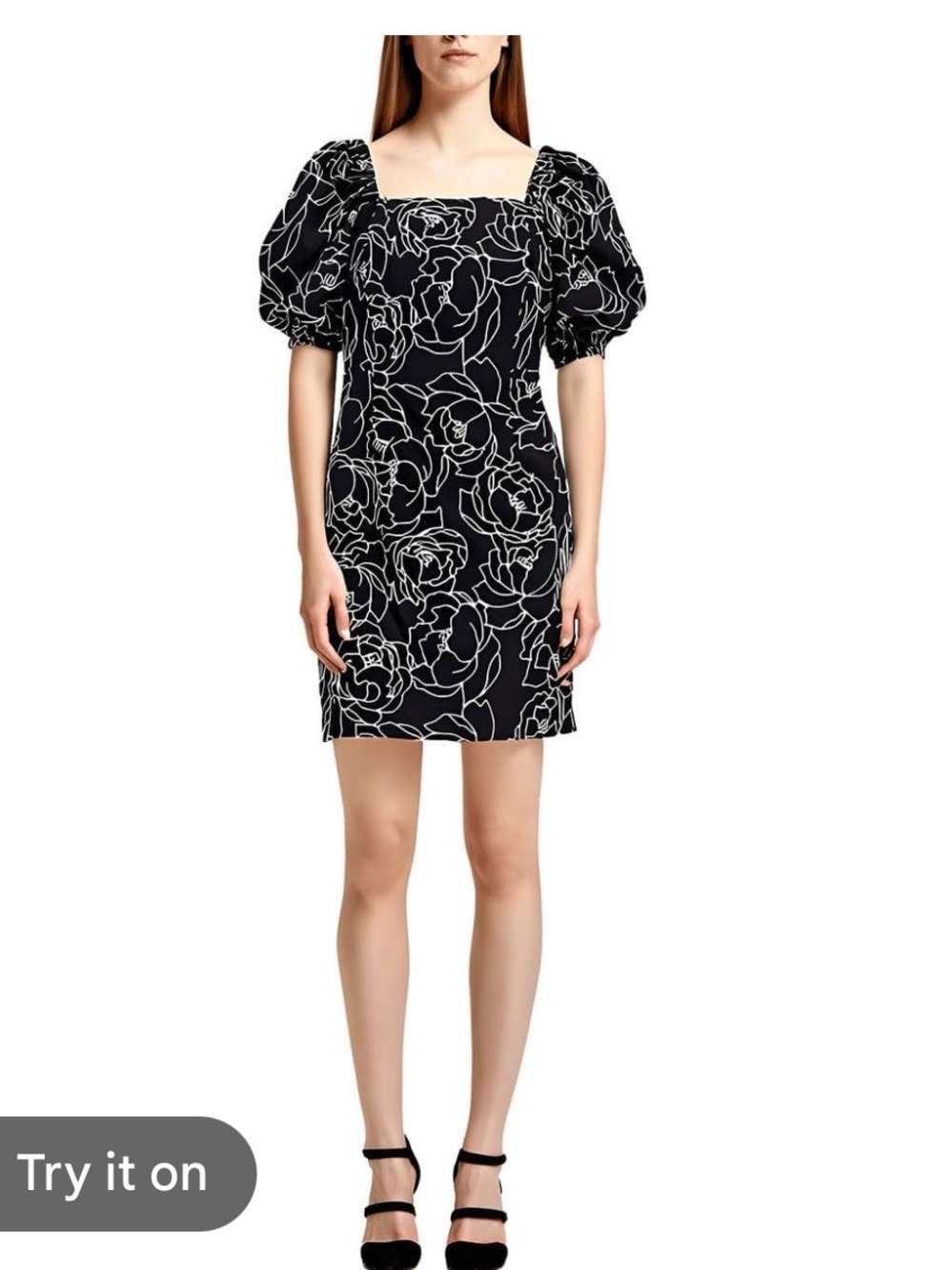 👗Anne Klein Black Floral Puff-Sleeve Mini Dress